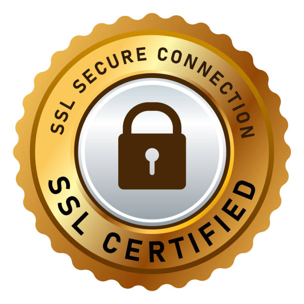 SSL secure connection certified stamp label sticker vector isolated design in golden and silver padlock logo